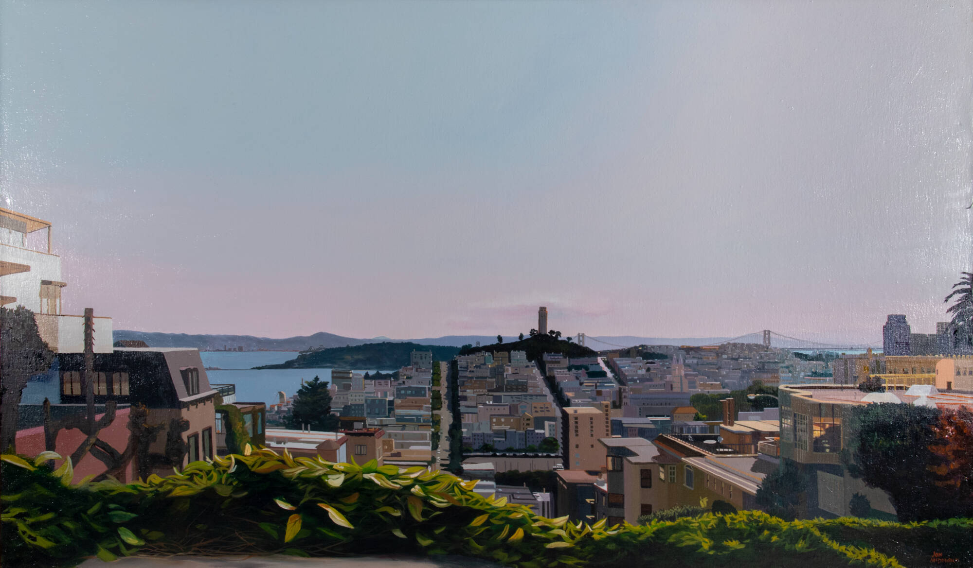 Cityscape painting of buildings and a body of water along the bottom half of the image. Top half is dominated by a pink and blue sky.
